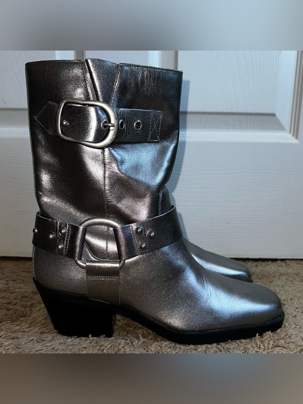 Arezzo ‘Kaia’ Leather Silver Biker Boots 10 NWOB